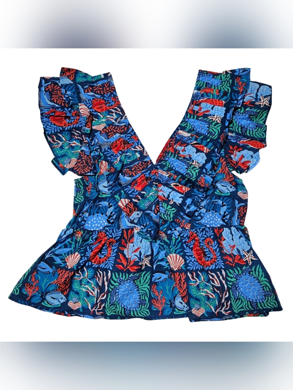 Printfresh Lola Blouse Small Nautical Tiles Seaside Stained Glass Blue NWOT